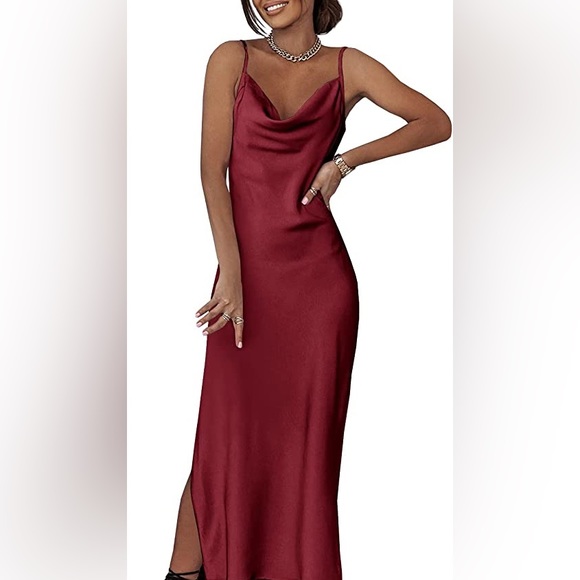 KLd Dresses & Skirts - KLD wine colored satin stretch cowl neck - high slit maxi dress NWT size M